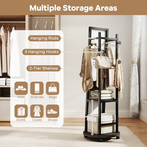 Tangkula 55" Full Length Mirror with Coat Rack, Standing Coat Tree | 2-Tier Shelves, Hanging Rods & Hooks, Explosion-Proof HD Mirror, 4-Wheel Swivel Design, For Entryway, Living Room, Bedroom - color: Black & Walnut