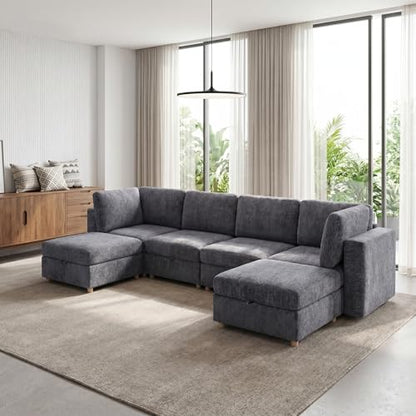 KEIKI Large Modular Sectional Couch with Hidden Storage Seats, Convertible 6 Seater Sleeper Sofa with Washable Covers and Ottoman, Modern Fabric Sofa for Home Theater, Lounge or Entertainment Room - size: 6-Seater