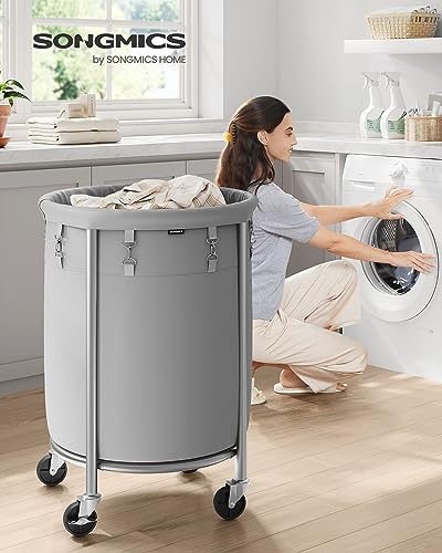 SONGMICS Laundry Basket, Rolling Steel Frame with 2 Locking Wheels, 110 L | Heavy-Duty Laundry Hamper Cart with Removable Bag, Gray and Metallic Silver, URLS002G01 - color: Gray + Metallic Silver, size: 110 L (1-Section)