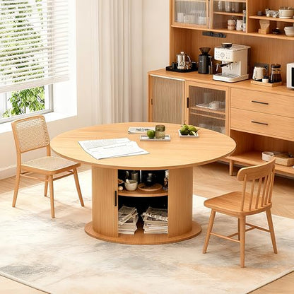 Wildhome Extendable Round Dining Table for 2-4-6, 63 Inch Dining Room Kitchen Table with 2-Tier Storage Shelf, Modern Farmhouse Fluted Wood Slide Door Dinner Furniture,Oval Circle (Oak-63 Inch) - color: Oak-63 Inch