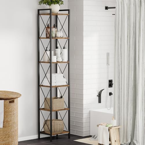 Homhedy 6 Tier Small Bookshelf, Tall Narrow Bookcase, Metal Book Shelf | Industrial Style for Small Spaces, Home, Office, Living Room, Kitchen, Bedroom , 10.4" D x 13" W x 67.4" H, Rustic Brown - color: Rustic Brown, size: 10.4"D x 13"W x 67.4"H