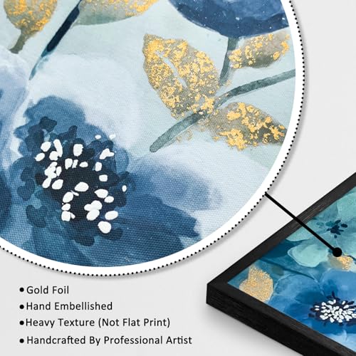 llribbons Framed Elegant Floral Wall Art Blue Teal Flowers Canvas Painting Pictures Farmhouse Decor Hand Painted 3D Gold Textured Artwork for Living Room Bedroom Bathroom Office Wall Decor 20" x 40" - color: Teal, size: 40"L x 20"W