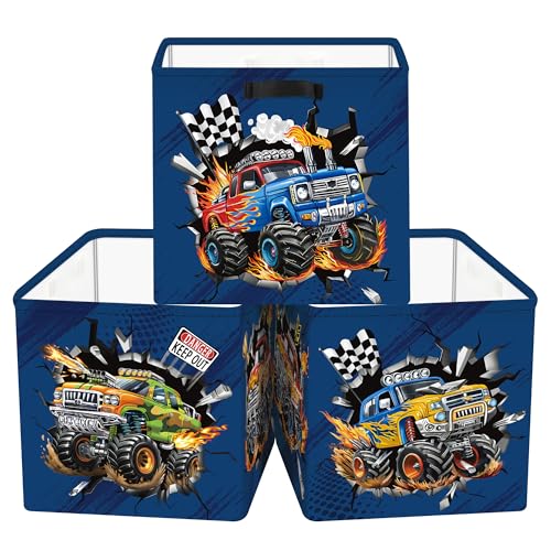 Clastyle 11.8" Car Storage Basket Set of 3 for Kid Boy Toy Clothes Bin | Collapsible Fabric Book Bin, Metal Frame Bottom Board, Cube Organizer, Closet Nursery Pantry Shelf Bedroom, Blue Boy Monster - color: Off-road Vehicle, size: 30x30x30 cm