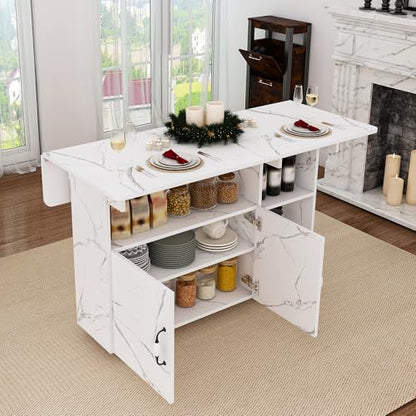 KEIKI 47 Inch Foldable Dining Table, Multi-Functional Folding Table with Storage Shelves and Wheels, Drop Leaf Extendable Dining Desk, Versatile Foldable Side Table for Kitchen, Dorm, Office, White - color: White