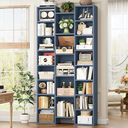 FOTOSOK 71'' H Bookshelf with 21 Cubes, Triple Wide Tall Bookshelf Blue | 8 Tier Bookcase with 8 Adjustable Shelves, Large Bookshelf DVD/CD Media Tower Storage, Freestanding Display Shelf Cabinet - color: Blue