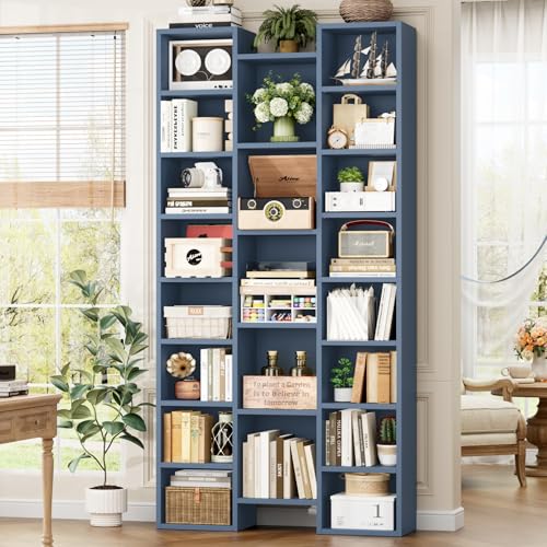 FOTOSOK 71'' H Bookshelf with 21 Cubes, Triple Wide Tall Bookshelf Blue | 8 Tier Bookcase with 8 Adjustable Shelves, Large Bookshelf DVD/CD Media Tower Storage, Freestanding Display Shelf Cabinet - color: Blue