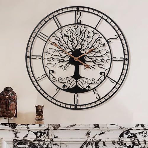 Dankeit Tree of Life Wall Clock, 24inch Black Metal Wall Clock, Silent Quartz Movement, Modern Home Decor - color: D