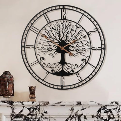 Dankeit Tree of Life Wall Clock, 24inch Black Metal Wall Clock, Silent Quartz Movement, Modern Home Decor - color: D