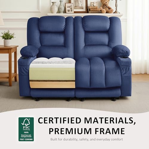 MCombo 56 in Reclining Loveseat Recliner with Heat & Massage PR648 (Blue) | 155° Zero Gravity, Dual Charging Ports, Cup Holders, FSC & OEKO Certified - color: Navy Blue, size: Loveseat Recliner with Zero Gravity