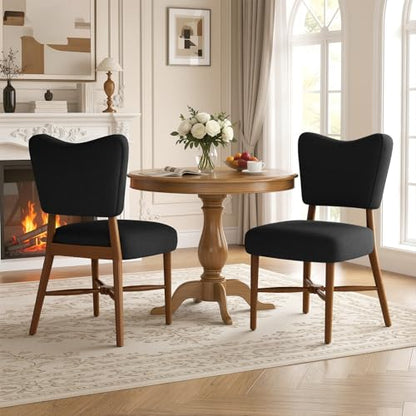 Farmhouse Dining Chairs Set of 2, Linen Seat, Wood Legs, Black | Mid Century Modern, Upholstered Padded Cushion, Solid Wood Cross-Brace, Easy 15-Min Assembly, Kitchen Dining Room - color: Black, size: Set of 2