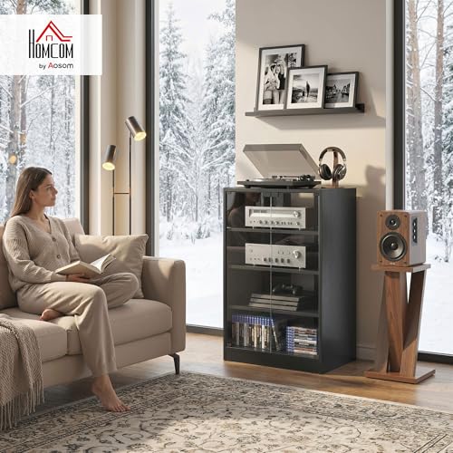 HOMCOM Media Cabinet 4-Tier Stereo Cabinet with Glass Door Black | Vinyl Record Player, AV Record Player Stand, Adjustable Shelves, Push-to-Open Glass Doors, Cable Management - color: Distressed Black