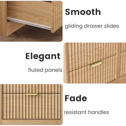 Fluted Nightstand Set of 2, LED Nightstand with Charging Station, Wood Nightstands with 2 Drawers & Metal Handles, Modern Bedside Table & End Tables, Farmhouse Night Stands for Bedroom, Natural - color: Natural Oak, style: LED 2 Drawers-2 PCS