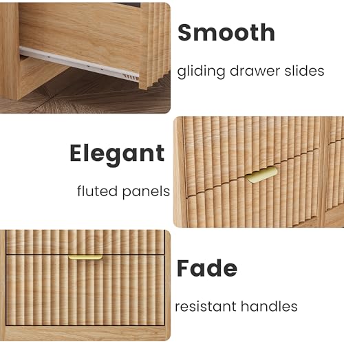 Fluted Nightstand Set of 2, LED Nightstand with Charging Station, Wood Nightstands with 2 Drawers & Metal Handles, Modern Bedside Table & End Tables, Farmhouse Night Stands for Bedroom, Natural - color: Natural Oak, style: LED 2 Drawers-2 PCS