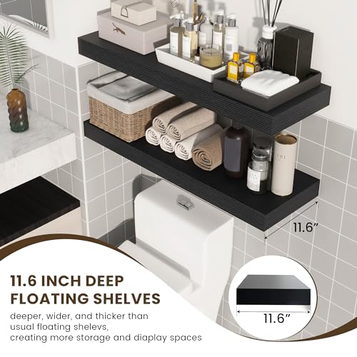 Deep Floating Shelves, 36'' x 12'' Black Shelves for Wall Set of 2 | Invisible Brackets, Engineered Wood, Mounting Hardware Included, 55LBS, Bathroom, Laundry Room, Kitchen, Living Room - color: Black, size: 35.6W x 11.6D x 2H, 2 Pack