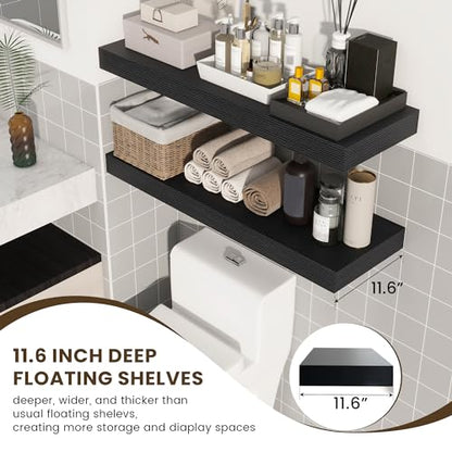 Deep Floating Shelves, 36'' x 12'' Black Shelves for Wall Set of 2 | Invisible Brackets, Engineered Wood, Mounting Hardware Included, 55LBS, Bathroom, Laundry Room, Kitchen, Living Room - color: Black, size: 35.6W x 11.6D x 2H, 2 Pack