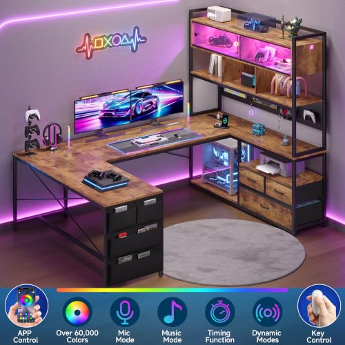 busyeah U-Shaped Gaming Desk with Storage Shelves & 3 Drawers, Rustic Brown | Reversible Computer Desk with LED Lights & Charging Station, Gaming Desk with Hutch and Pegboard for Home Office, Gamers - color: Rustic Brown