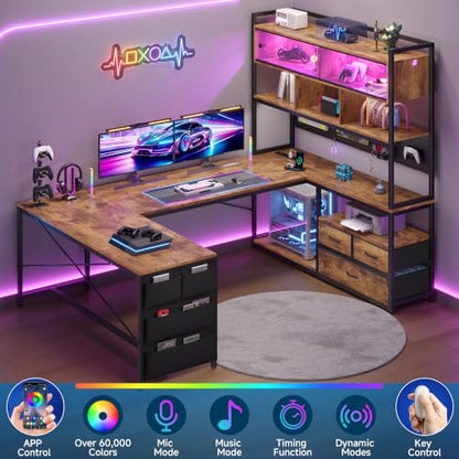 busyeah U-Shaped Gaming Desk with Storage Shelves & 3 Drawers, Rustic Brown | Reversible Computer Desk with LED Lights & Charging Station, Gaming Desk with Hutch and Pegboard for Home Office, Gamers - color: Rustic Brown