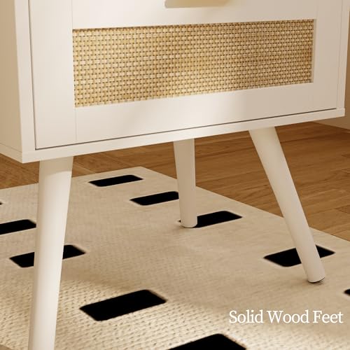 Rattan Nightstand,Farmhouse Bedside Table with 2 Storage Drawer and Open Wood Shelf, for Bedroom and Small Spaces,Night Stand with Solid Wood Legs (White) - color: White