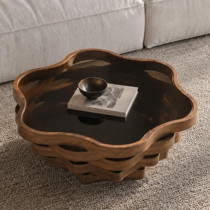 35.8" Cloud Coffee Table with Glass Top & Multi-Laye Wave Base | Modern Unique Irregular Center Table for Living Room, Artistic Cocktail Table for Apartment, Wooden Tea Table - Walnut - color: 35.8" Cloud Coffee Table