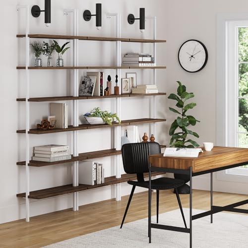 Nathan James Theo 6-Shelf Tall Bookcase, Wall Mount Bookshelf with Natural Wood Finish and Industrial Metal Frame, Rustic Oak/White, Set of 3 - color: Oak/Matte White, size: Set of 3