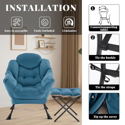 Lazy Chair with Ottoman, Comfy Reading Chair, Blue | Cushioned Seat with Foldable Ottoman and Side Pocket, Lounge Chair for Bedroom, Living Room, Dorm and Small Spaces - color: Blue