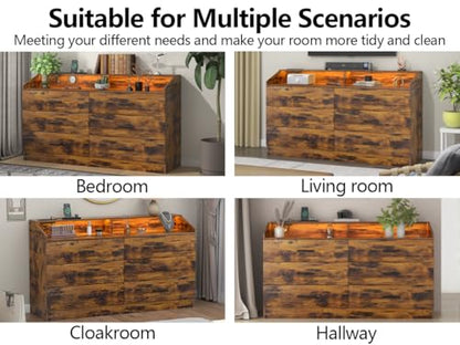6 Drawer Dresser for Bedroom with Charging Station, Dresser with LED Light | Chest of Drawers for Closet, Modern Dressers with Open Storage Cubby, Double Wide Dressers - color: Brown