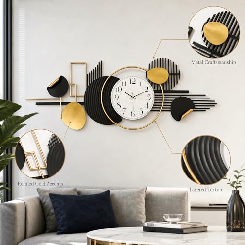 HAVFIFK 59" Large Metal Wall Clock,3D Silent Clock for Living Room | Layered Geometric Design, Easy to Install, Vertical or Horizontal Hanging Wall Art Decor for Bedroom, Dining Room, Office.