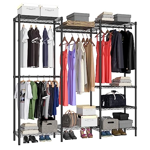 Heavy Duty Garment Rack,Freestanding Clothing Rack with 4 Hang Rods & 8 Shelves,Adjustable Closet Racks,68.5" L x 13.8" W x 75.2" H, Max Load 800LBS, Black