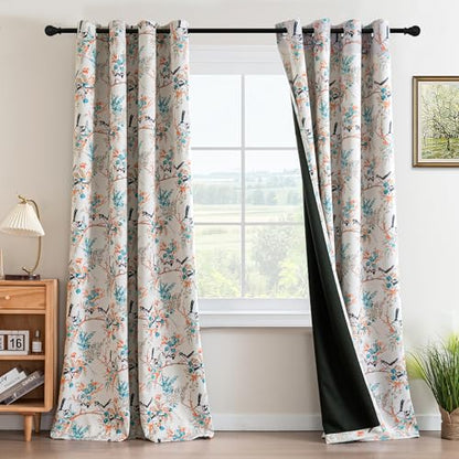 H.VERSAILTEX 100% 암막 꽃무늬 빈티지 커튼 243.8cm(96인치) 길이 2패널 프린트 패턴 암막 그로밋 단열 커튼 거실 침실 드레이프용, 틸/블랙 - color: 벌새-청록색/블랙, size: 52"W x 96"L (Pack of 2)
