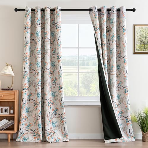 H.VERSAILTEX 100% 암막 꽃무늬 빈티지 커튼 243.8cm(96인치) 길이 2패널 프린트 패턴 암막 그로밋 단열 커튼 거실 침실 드레이프용, 틸/블랙 - color: 벌새-청록색/블랙, size: 52"W x 96"L (Pack of 2)
