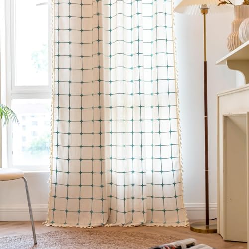 Deeprove Boho Curtains 96 Inches Long for Bedroom Living Room Nursery, Cotton Linen Plaids Beige Turquoise Teal Embroidery Bohemian Farmhouse Window Treatment Grids Drape Tassels, 1 Panel W52 x L96 - color: Beige + Turquoise, size: 52"W x 96"L (Pack of 1)