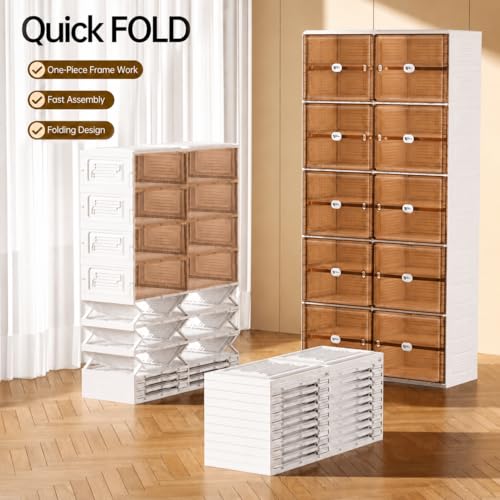 White Shoe Rack Organizer for 24 Pairs of Folding Design | Tool-free Assembly, Magnetic Clear Door, Anti-Tiping, Sneaker Storage, adjustable shelf, Folding Design, Garage, Entryway - size: 6Tier