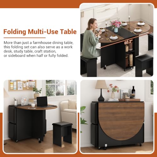 5 PCS Farmhouse Dining Table Set for 4,60" Large Round Folding Dining Table Set w/ 4 Leather Chairs, Drop Leaf Oval Modern Kitchen Table for Small Spaces,6 Wheels,2-Layer Storage Shelf,Walnut - color: Walnut