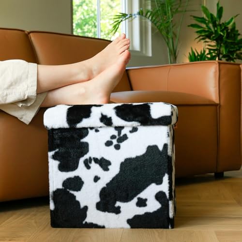 Luxe Faux Fur Storage Ottoman, Cowhide Black/White, 15 x 15 x 15 in | Engineered Wood, Tool-Free Assembly, Modern Style, Seat And Footrest - color: Cowhide Black/White, size: 15"D x 15"W x 15"H
