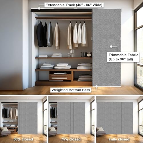 CHICOLOGY Panel Track Blinds, Weave Grey, 86"x96", Cordless, Sliding Door | 4 Fabric Panels, Fits 46–86″ Wide, Wall/Ceiling Mount, Room Divider Ready, Height Trimmable, Child & Pet Safe - color: Chalk Grey