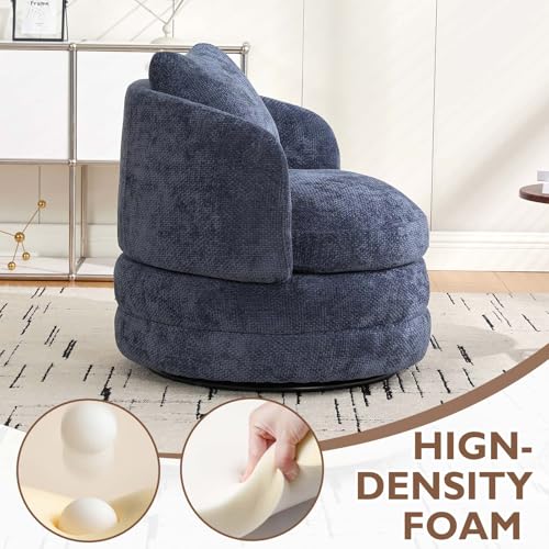 Round Swivel Barrel Chair with Comfy Pillow, Beige Small Accent Chair with Curved Backrest, Modern Upholstered Armchair & Chenille Barrel Accent Chairs for Living Room Bedroom Office (Blue) - color: Blue