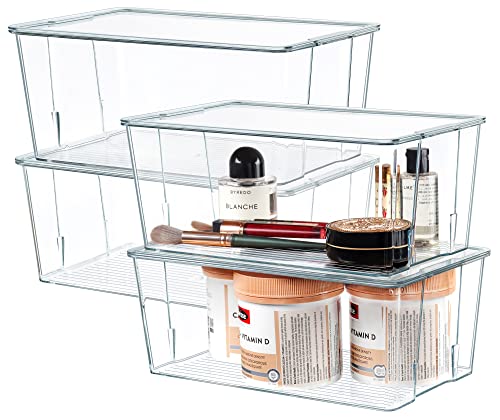 Hudgan Clear Plastic Storage Organizer Bins with Acrylic Lids for Home Office, Kitchen, Cupboard, Pantry Shelves, Medicine Cabinet, Craft Rooms - 4.5-Inches Tall - 4 Pack - color: Clear