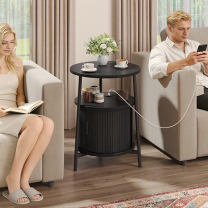 Round Side Table with Charging Station, Black | Circle Nightstand with Storage, Fluted Bedside Table, with Sliding Door, for Living Room Small Space Bedroom