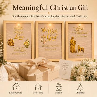 Framed Christian Wall Art Set of 3, 12x16 Bible Verse Wall Decor | Raised 3D Scripture With Gold-Tone Embossed Details, Psalm 23 Faith Hope Love Religious Wall Art For Living Room Prayer Room
