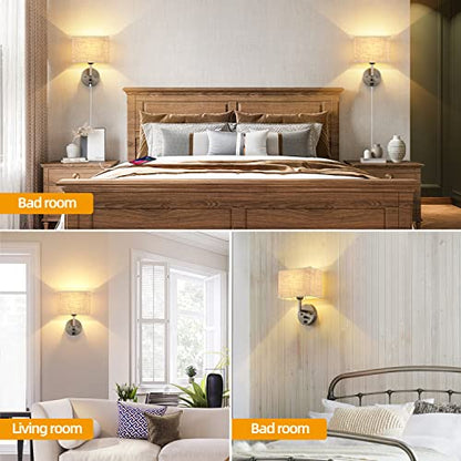 Plug in Wall Sconce with Dimmer Switch and USB Port，1-Light 9.5“Rectangular Linen Fabric Shade，Bedside Wall Lamp Satin Nickel Finish，Wall Lamps Perfect for Bedroom, Living Room and Hotel - color: Silver