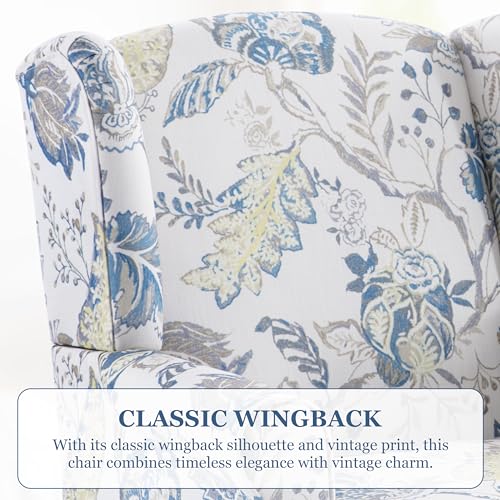 HUIMO Printed Wingback Accent Chair, Linen Upholstered High Back Armchair, Comfy Reading Chair for Living Room Bedroom Study, 300lbs Weight Capacity (1, Blue Floral) - color: Blue Floral