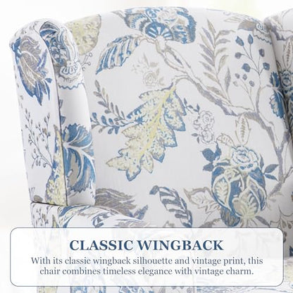 HUIMO Printed Wingback Accent Chair, Linen Upholstered High Back Armchair, Comfy Reading Chair for Living Room Bedroom Study, 300lbs Weight Capacity (1, Blue Floral) - color: Blue Floral