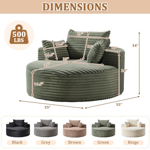 55" Oversized Round Chaise Longue Chair Indoor, Upholstered Corduroy Circle Single Cloud Reading Sofa Chair Deep Seat Modern Boneless Sleeper Couch No Assembly Required, Green - color: Green, style: 55"Corduroy
