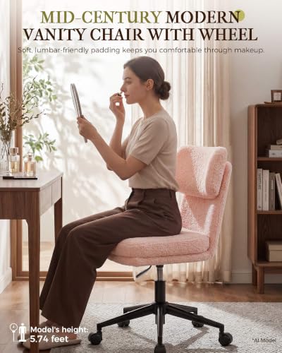 COMHOMA Vanity Chair with Ergonomic Curved Backrest, Home Office Desk Chair with Silent Wheel, Wide Seating Computer Chair for Girls Women Bedroom, Soft Teddy Fabric, Pink - color: Pink, Teddy Fleece