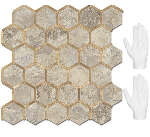 STICKGOO Hexagon Peel and Stick Backsplash Tile, Stick on Backsplash for Kitchen and Bathroom, Stone Beige PVC Mixed Metal Gold Self Adhesive Wall Tiles(10 Sheets, Seamless) - color: Stone Beige with Metal Gold