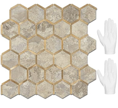 STICKGOO Hexagon Peel and Stick Backsplash Tile, Stick on Backsplash for Kitchen and Bathroom, Stone Beige PVC Mixed Metal Gold Self Adhesive Wall Tiles(10 Sheets, Seamless) - color: Stone Beige with Metal Gold