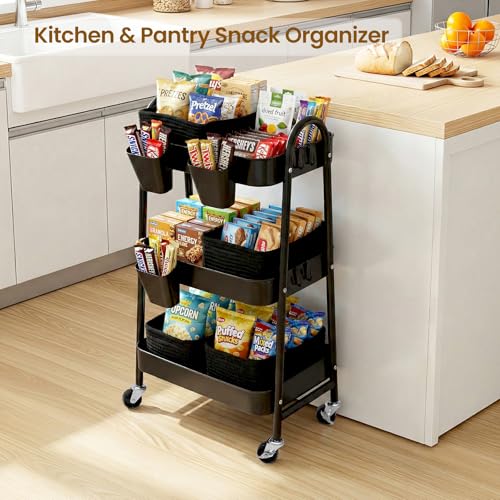3-Tier Rolling Utility Cart with 4 Woven Baskets, Diaper Book Snack Cart, Storage Organizer for Nursery, Kitchen, Craft Room, Home SPA, Living Room, Metal Frame Trolley on Lockable Wheels, Black - color: Black