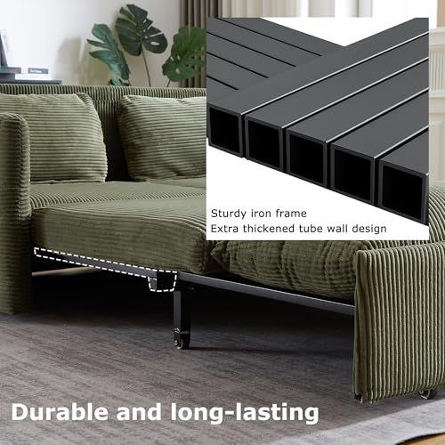65" Convertible Sofa Bed Loveseat, Corduroy Sleeper Couch, 3 in 1 Folding Couch Sofa for Small Spaces,Apartment and Living Room. (Green)