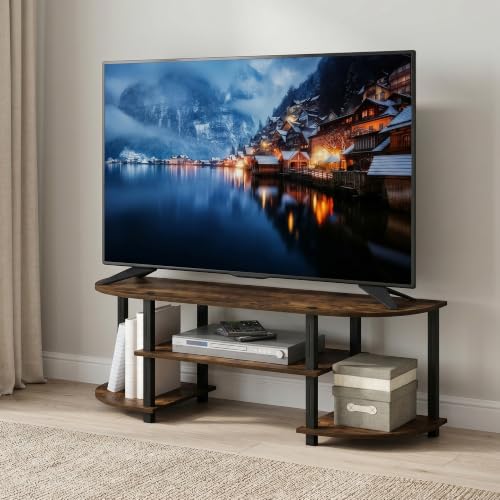3-Tier Entertainment Center for TV up to 55 Inch, TV Console with Round Corner and Open Shelves, TV Stand, for Bedroom, Living Room, Amber Pine - color: Amber Pine/Black, size: Fit TV up to 55 in