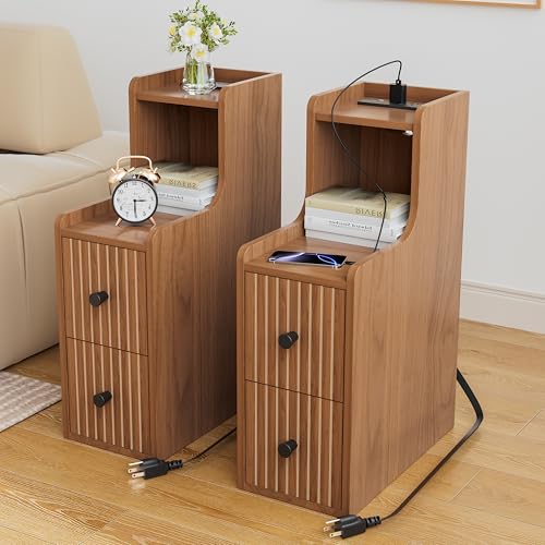 Set of 2 Narrow Side Table with Charging Station, Wooden Slim End Table with Storage, Mid Century Modern Nightstand with Drawers for Living Room, Walnut - color: Walnut, size: 7.9"x23.6"